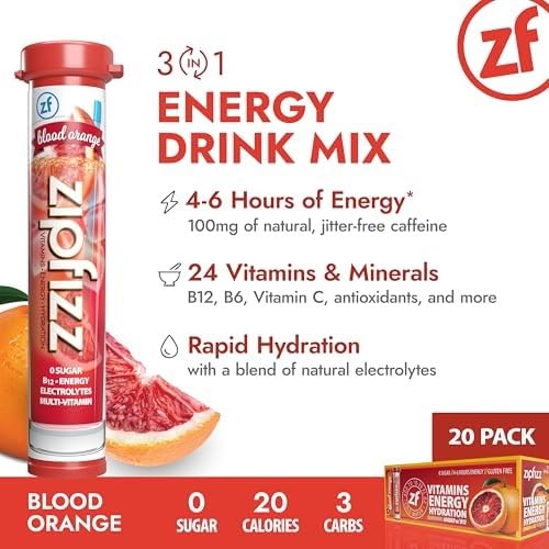 Zipfizz Daily Energy Drink Powder, Blood Orange, 20 Pack | 3-in-1 Sustained Energy, Rapid Hydration, and Essential Vitamins | Sugar-Free | Electrolyte