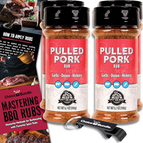 Pit Boss Pulled Pork Premium BBQ Barbecue Mixed Seasoning Spice & Rub Rub 4 pk Choice Bundle (26.8 oz) + Guide & Keychain Bottle Opener (6 Items)!