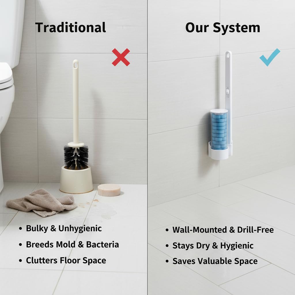 Disposable Toilet Brush for Bathroom Cleaning, Toilet Brush and Holder Set, Deep Cleaning Toilet Bowl Cleaner with Replaceable Heads, Hygienic Storage