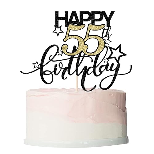 Bekaterea Happy Birthday Cake Topper,Black font Golden Numbers 55th Birthday Cake Decoration?Hello 55, Cheers to 55Years/55th Anniversary ?55