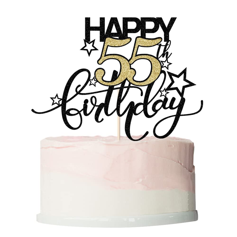 Bekaterea Happy Birthday Cake Topper,Black font Golden Numbers 55th Birthday Cake Decoration?Hello 55, Cheers to 55Years/55th Anniversary ?55