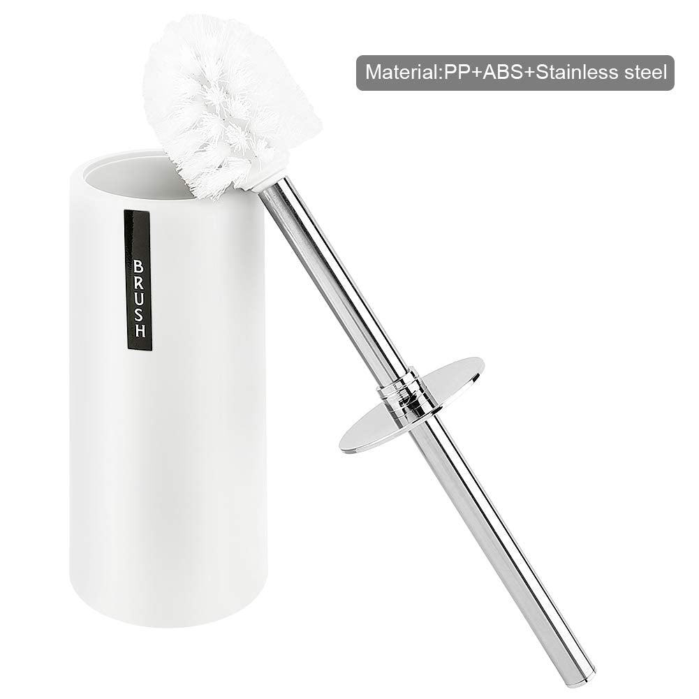 Freestanding Toilet Brush and Holder Set, Long Stainless Steel Handle Toilet Bowl Scrubber for Deep Cleaning Bathroom, Space Saving White ABS Plastic