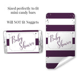 Amanda Creation Striped Purple & Silver Baby Sprinkle Baby Shower Mini Chocolate Candy Bar Sticker Wrappers, 45 1.4" x 2.6" Wrap Around Labels, Great