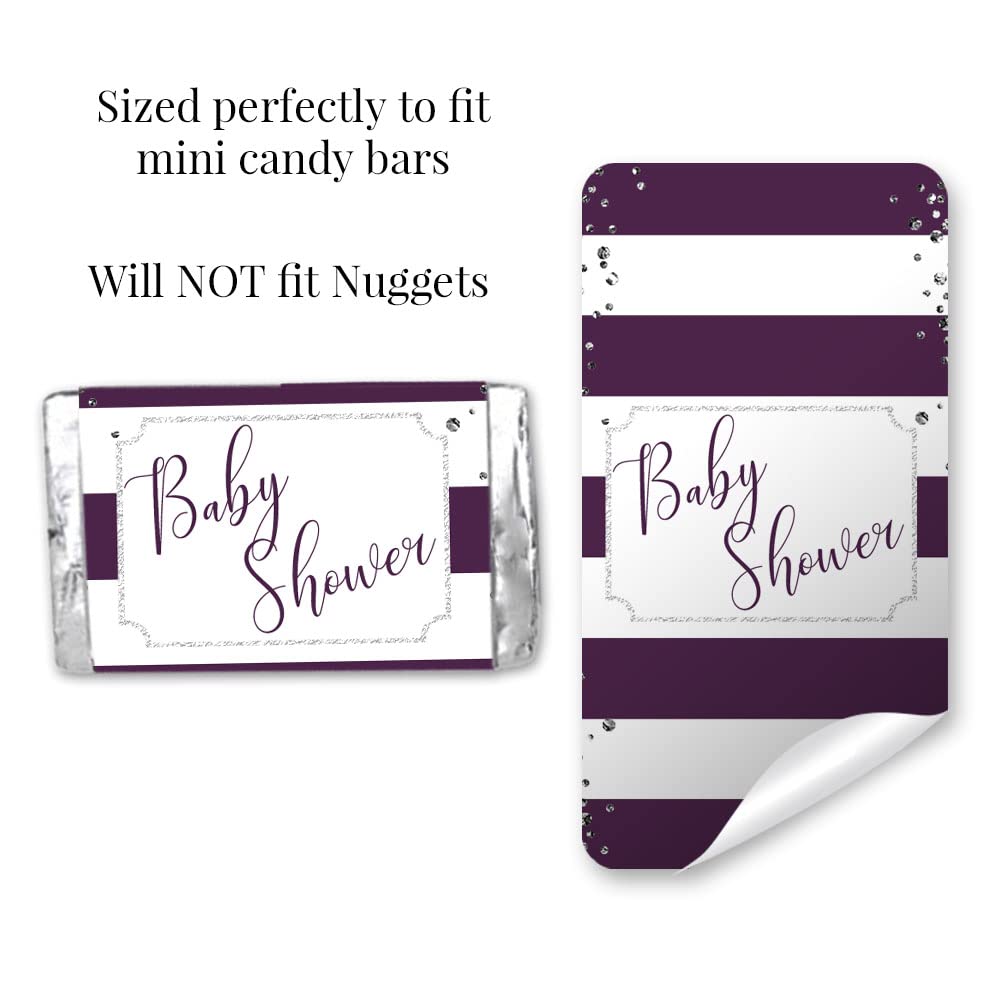 Amanda Creation Striped Purple & Silver Baby Sprinkle Baby Shower Mini Chocolate Candy Bar Sticker Wrappers, 45 1.4" x 2.6" Wrap Around Labels, Great