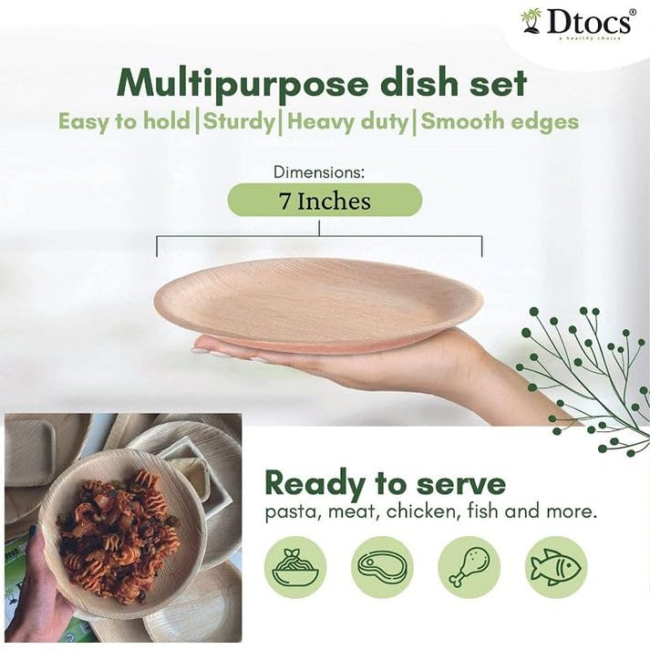 Dtocs Palm Leaf Plates 7 Inch Round (50) | Bamboo Plates Disposable Look Compostable Dinnerware Sets for Cocktail, Appetizer, Dessert, Mini