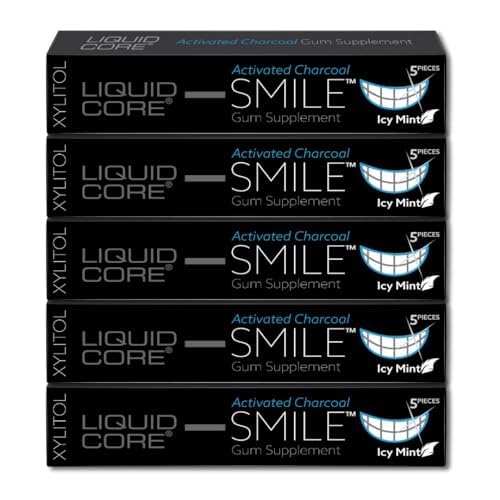 Liquid Core Smile Activated Charcoal Gum with MCT Oil, Hydroxyapatite, and Xylitol - Teeth Cleaning Gum, Icy Mint Sugar-Free (5 Pack)