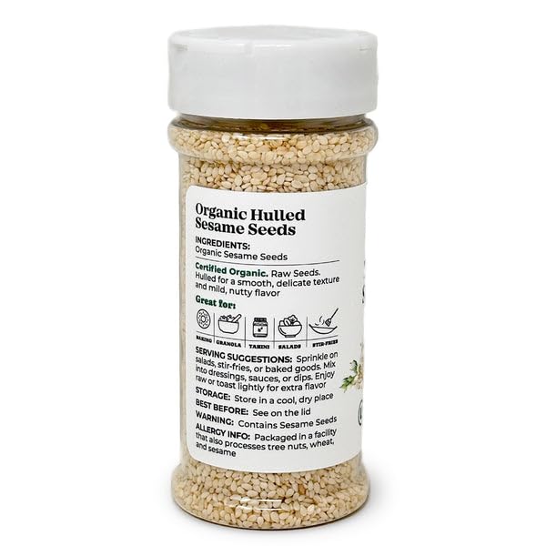 Food to Live Organic Hulled Sesame Seeds, 0.25 Lbs - Raw in Resealable Jar, Perfect for Cooking, Baking, Smoothies and Salads, Non-GMO, Vegan, Kosher