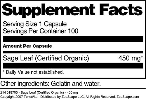 Sage Leaf (Certified Organic) - 450 mg (100 Capsules, ZIN: 518705) - 3 Pack