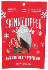 SkinnyDipped Dark Chocolate Peppermint Almonds, Healthy Snack, Plant Protein, Gluten Free, 3.5 oz Resealable Bag, Pack of 1