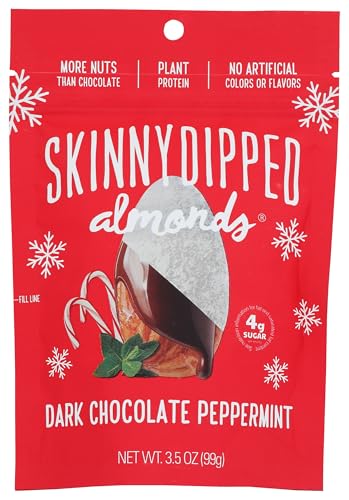 SkinnyDipped Dark Chocolate Peppermint Almonds, Healthy Snack, Plant Protein, Gluten Free, 3.5 oz Resealable Bag, Pack of 1