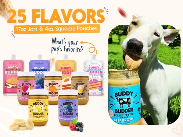 BUDDY BUDDER Dog Peanut Butter, 9 Pack Mixed Flavors, 4oz Pouches Dog Peanut Butter, Made in USA