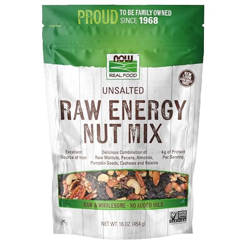 NOW Foods, Raw Energy Nut Mix, Unsalted Mix of Raisins, Walnuts, Peacans, Almonds, Pumpkin Seeds and Cashews, Great-Tasting, Source of Iron, 16-Ounce