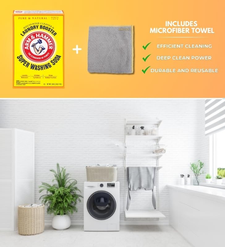 Detergent Booster and Household Cleaner Powder 55 oz Bundle with Microfiber Cloth - Enhances Laundry Detergent Power - Cleans Bathtubs, Microwaves