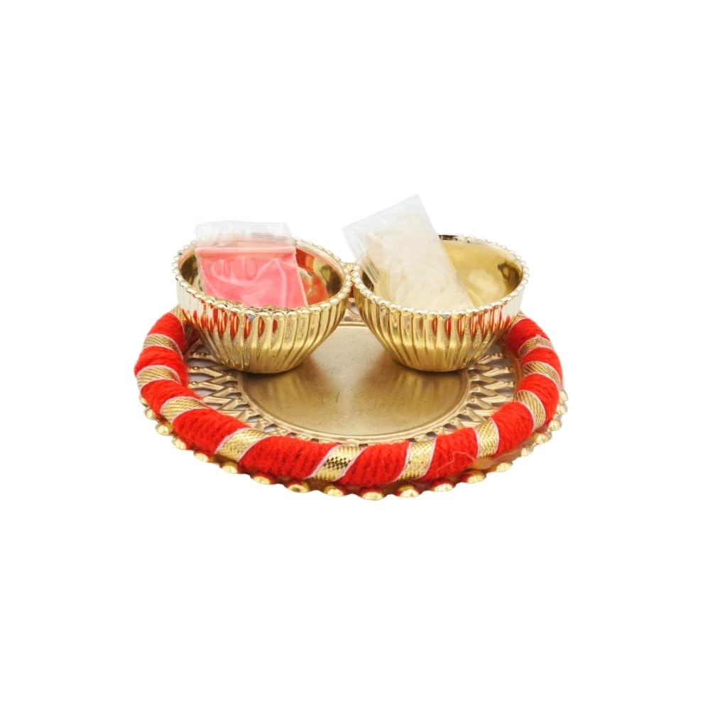 UtsaWe Rakhi Gift Box | Devine Rakhi Hamper with Elegant Krishna Rakhi Bracelet, Roli, Chawal, Mini Thali Set, A Chocolate, And A Greeting Card