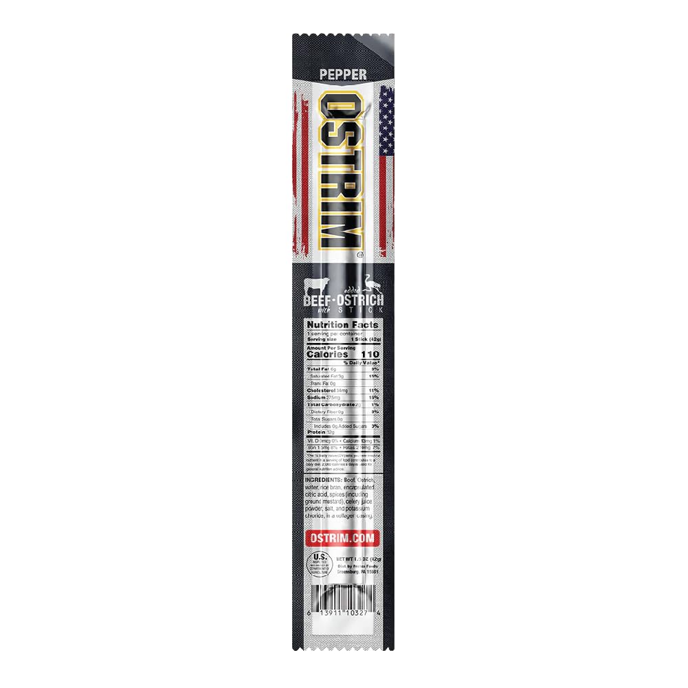 Ostrim (1.5oz) Beef & Ostrich High Protein Snack Stick, (Pepper Flavor), (1 Pack of 10)