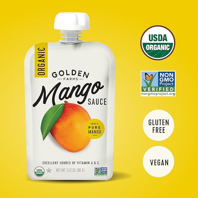 Golden Farms Mango Pouches, Single Ingredient Healthy Snacks, 100% Pure Fruit, No Added Sugar, Vegan, Gluten-Free, Kosher, Organic Squeeze Pouch
