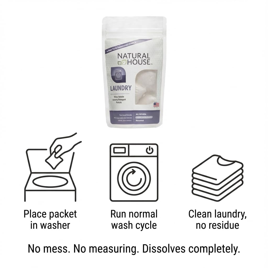 Natural House Laundry Pods - Plant-Based Detergent with Oxygen Boost - Septic-Safe, Plumbing-Friendly - Fragrance Free - 4 Count Trial Pack