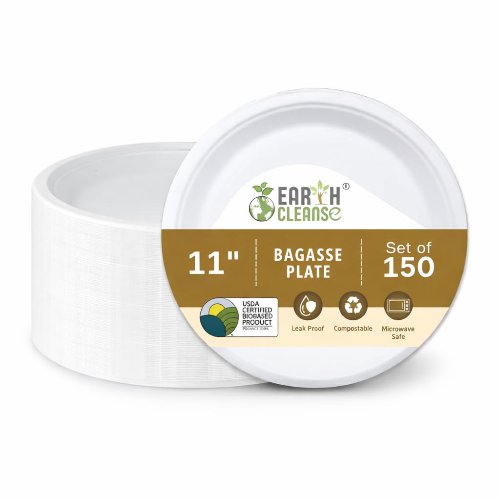 Earth Cleanse Compostable Paper Plates 11 Inch Round 150 Pack - Value Pack Heavy Duty Disposable Plates, Sugarcane Bagasse, Microwave Safe, Leak