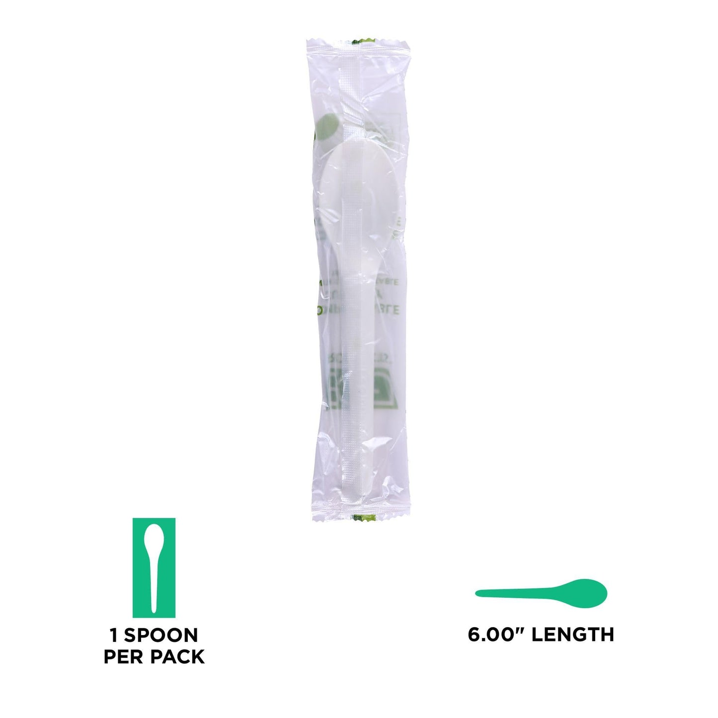 Eco-Products Compostable CPLA 6" Plastic Spoons, Case of 1000, Individually Wrapped Spoon, Disposable White Plantware Cutlery, Renewable Material Made