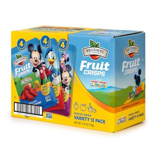 Brothers All Natural Disney Freeze Dried Fruit Crisps, Variety Pack, 12 Single Serve Bags, Fuji Apple, Strawberry, Strawberry and Banana, Made