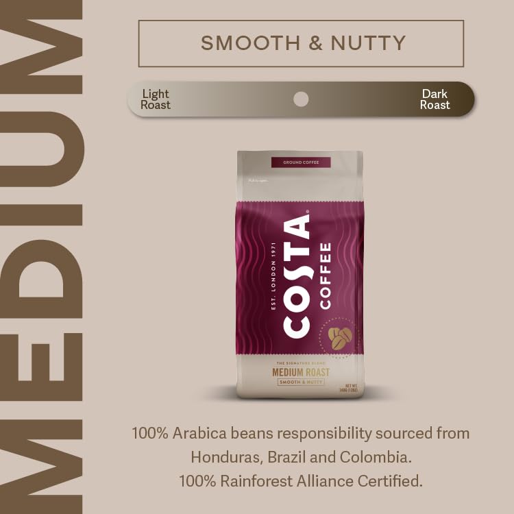 Costa Coffee Ground Medium Roast 12 Oz Bag, Caramel & Nutty Flavor, Perfect for Drip, 100% Columbia Arabica Beans, Smooth