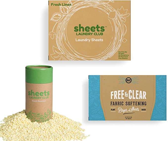 Sheets Laundry Club Bundle - 50 Pack (up to 100 loads) Fresh Linen Detergent Sheets, 40 Pack Vitality Dryer Sheets & 8 Oz. Sea Breeze Scent Booster