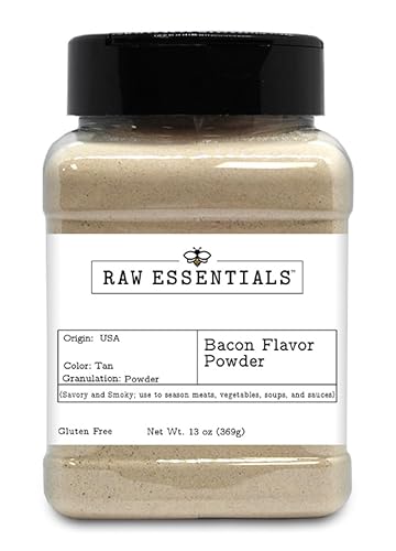 Raw Essentials Bacon Flavor Powder - Savory & Smoky Seasoning for Meats, Vegetables, Soups & Sauces - Adds Rich Bacon Taste to Any Dish - 13 oz Bottle