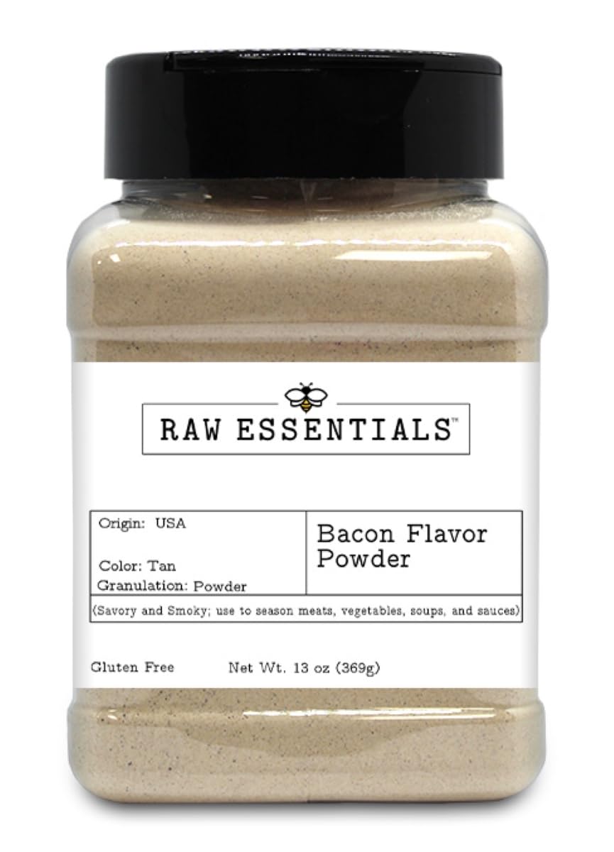 Raw Essentials Bacon Flavor Powder - Savory & Smoky Seasoning for Meats, Vegetables, Soups & Sauces - Adds Rich Bacon Taste to Any Dish - 13 oz Bottle