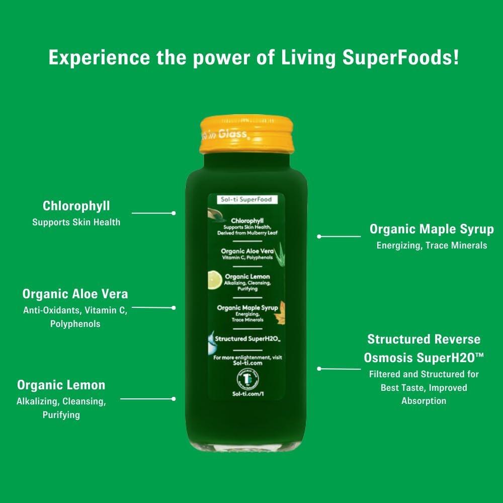 Organic SuperAde Hydration Drink, Digestive and Skin Health, SuperFood Lemonade by Sol-ti, Cold-Pressed Chlorophyll, Aloe and Lemon Juice Blend, 16