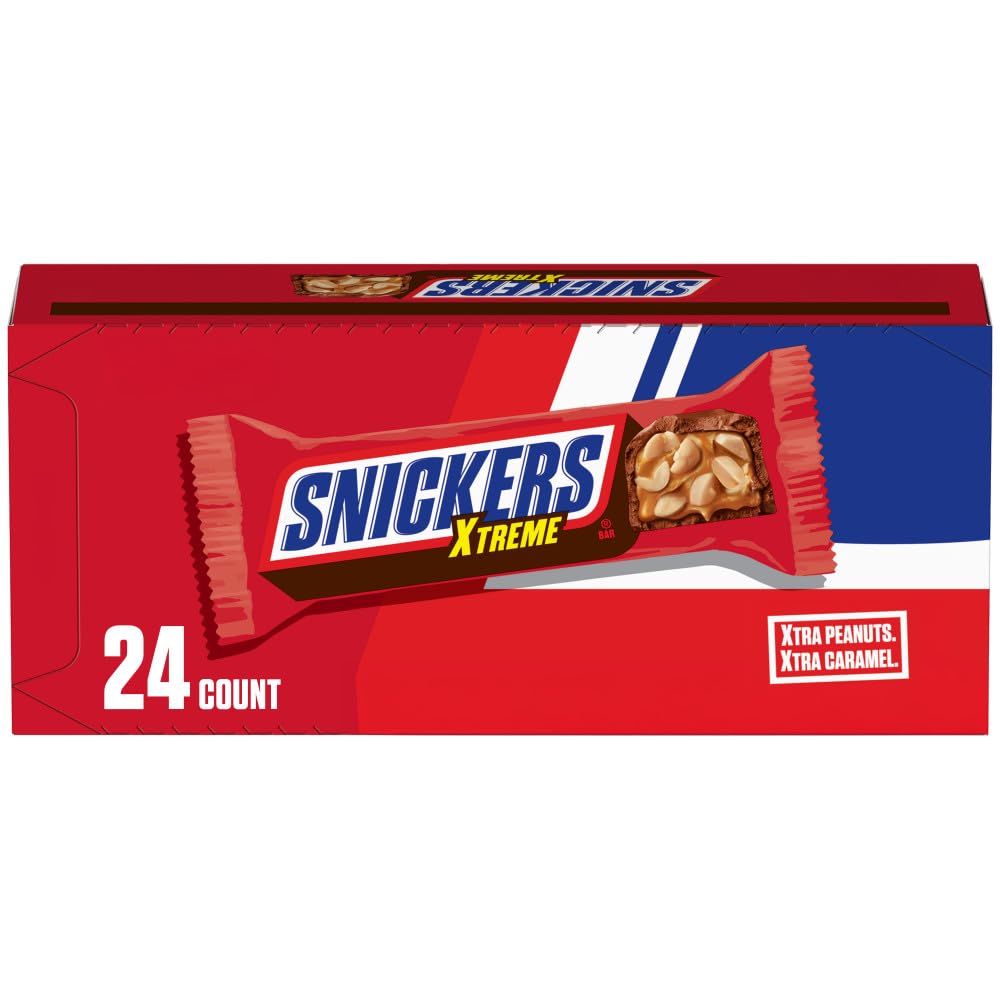 SNICKERS Xtreme Peanut and Caramel Chocolate Extra Peanuts, Extra Caramel Candy Bar, 1.55 Oz Single Bar, 24 Count