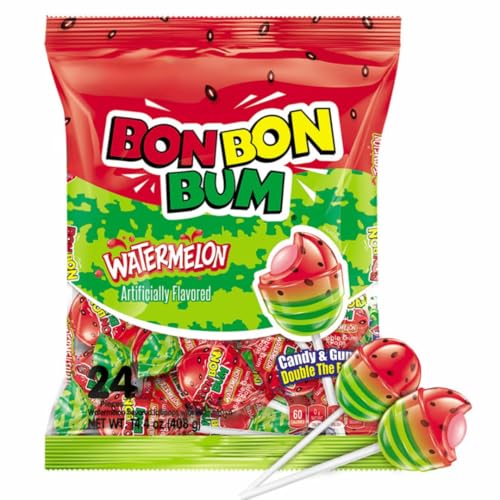 Bon Bon Bum - Fruity Lollipop with Bubble Gum center - Perfect for Parties and Sharing (24 Pieces, Sandia (Watermelon))