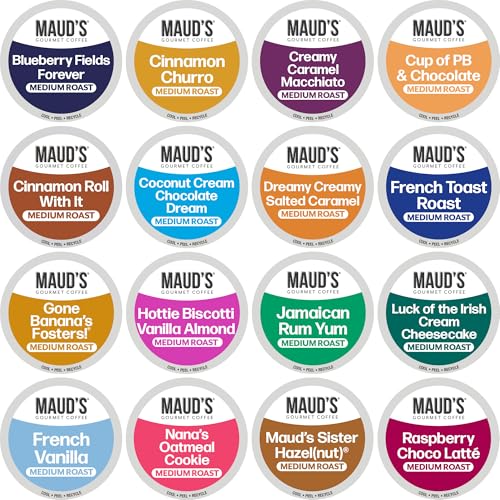 Maud's Super Flavored Coffee Pods Variety Pack, 80 ct, 16 Assorted Flavors, Medium Roast Flavored Coffee in Single Serve Pods - 100% Arabica Beans