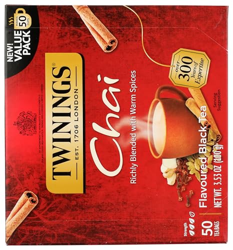 Twinings Chai Black Tea Individually Wrapped Bags, Sweet, Savoury Spices, Caffeinated, Enjoy Hot or Iced - 50 Count