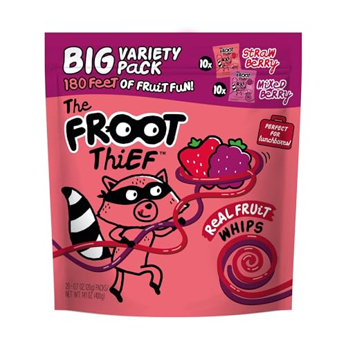The FROOT Thief Real Fruit Snack Whips BIG Variety Pack, Nut Free, Individual Bags for Kids School Lunches, 10xStrawberry, 10xMixed Berry