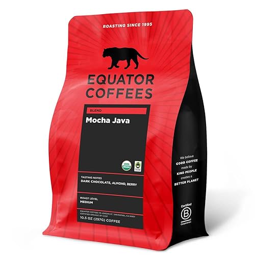 Equator Coffees, Mocha Java Blend, Organic Whole Bean Coffee, Medium Dark Roast, Fresh Roasted, Dark Chocolate & Berry Flavor Notes, Sustainable