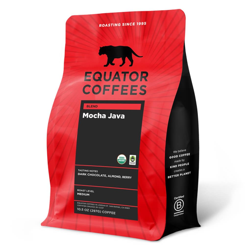 Equator Coffees, Mocha Java Blend, Organic Ground Coffee, Medium Dark Roast, Fresh Roasted, Dark Chocolate & Berry Flavor Notes, Sustainable and Fair