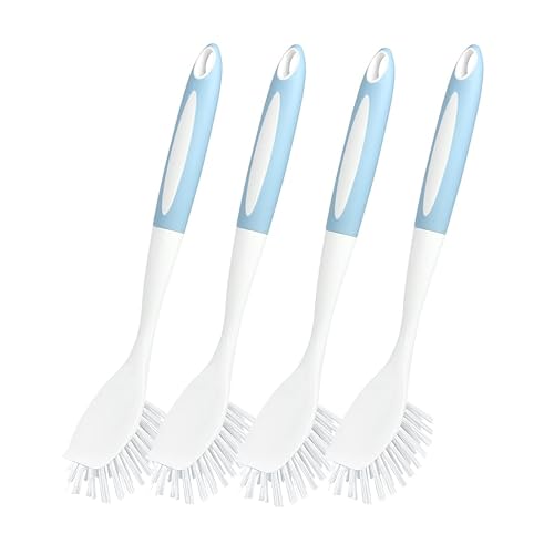 CQT Kitchen Diffusion Type Scrub Brush for Cleaning Dishes Pots Pan Sink and Bathroom with Comfortable Long Handle 4pack (Blue)