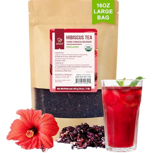 Soeos Organic Hibiscus Flower Herbal Tea, 1lb (16oz), Hibiscus Tea Loose Leaf, Bold Tart Flavor, Caffeine-Free & Naturally Refreshing, Perfect