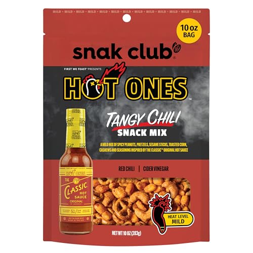 Snak Club x Hot Ones Tangy Chili Snack Mix, Mild Spicy Snacks with Peanuts, Pretzels, Sesame Sticks, Toasted Corn & Cashews, Inspired by Hot Ones Hot