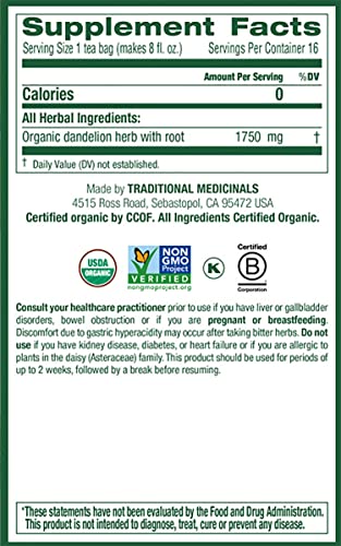 Traditional Medicinals Organic Dandelion Leaf & Root Herbal Tea, Supports Kidney Function & Healthy Digestion, (Pack of 2) - 32 Tea Bags Total