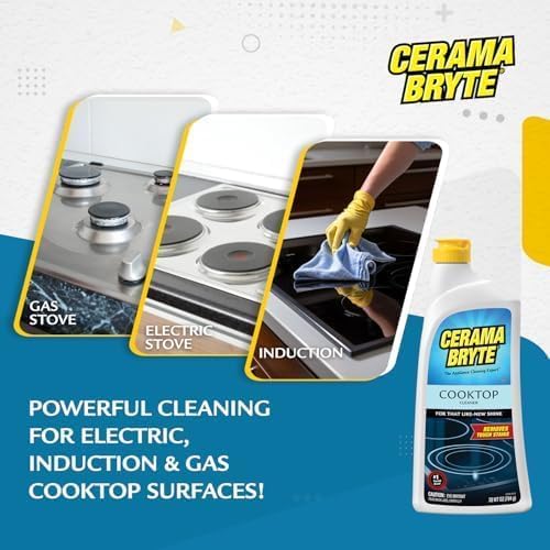 Cerama Bryte Glass Cooktop Cleaner Bundle with 10 Cleaning Pads for Removal of Tough Stains, Stovetop Cleaner for Glass - Ceramic Surfaces, 18 Ounces