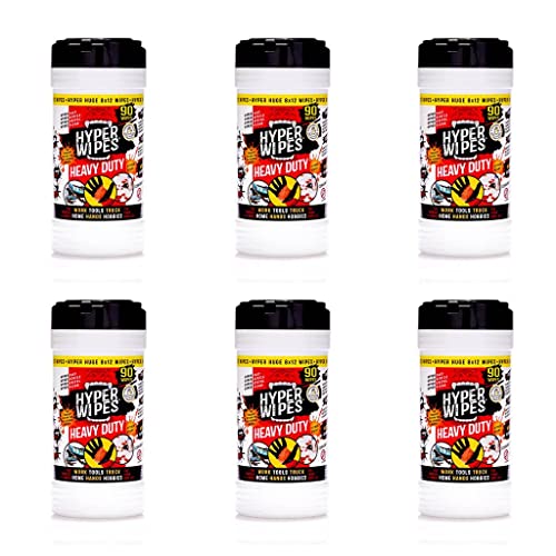 Hyper Wipes, 6 Pack Heavy Duty Hand & Tool Cleaning Wipes, 8"x12" Size Multi-Surface Cleaning Wipes, Degreasing, All Purpose Cleaner, Bathroom