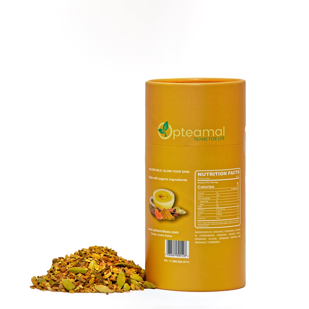 Opteamal Organic Golden Milk Loose Leaf Tea - Caffeine Free Loose Leaf Tea - Organic Golden Milk Tea with Pepper, Cardamom, Turmeric, Ginger, Clove