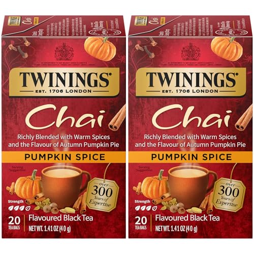 Twinings Pumpkin Spice Chai Tea, Caffeinated Black Tea Naturally Flavored with Aromatic Spices and Ginger, Tea Bags Individually Wrapped, 20 Count Ea