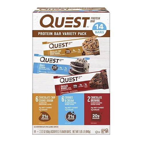 evsemo Quest Protein Bars Gluten Free, Variety Pack | Chocolate Chip Cookie Dough, Cookies & Cream and Chocolate Brownie Bars | (14 ct.)