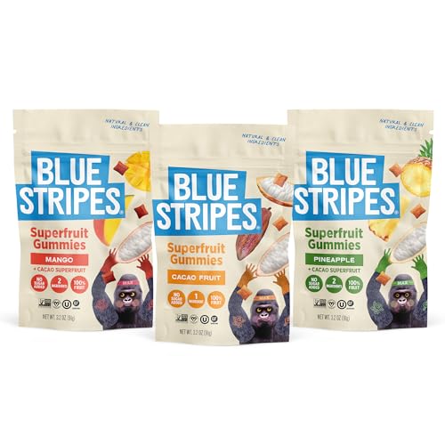 Blue Stripes Cacao Fruit Gummies Variety Pack - Fruit Snacks for Kids and Adult | No Sugar Added | Gluten Free, Vegan Chewy Superfruit Gummy | Mango