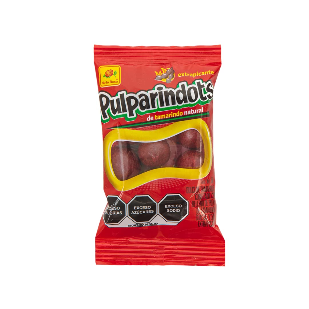 De La Rosa Pulparindots Tamarind Extra Hot, 12 Packets, 10 Pcs EA. Authentic Mexican Candy