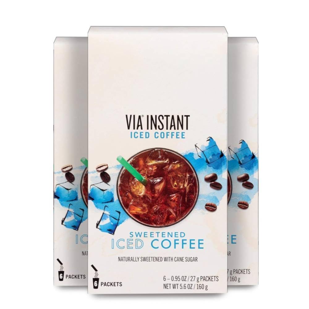 Instant Sweetened VIA Iced Coffee Medium Roast Packets & Exclusive Coffee Vinyl Sticker! (18 Packets Total)