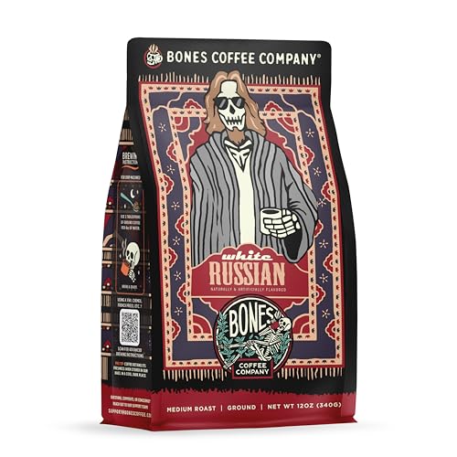 Bones Coffee Company White Russian, Cream and Cocktail Flavored Coffee, Medium Roast Low Acid Arabica Beans Compatible with Auto drip and French Press