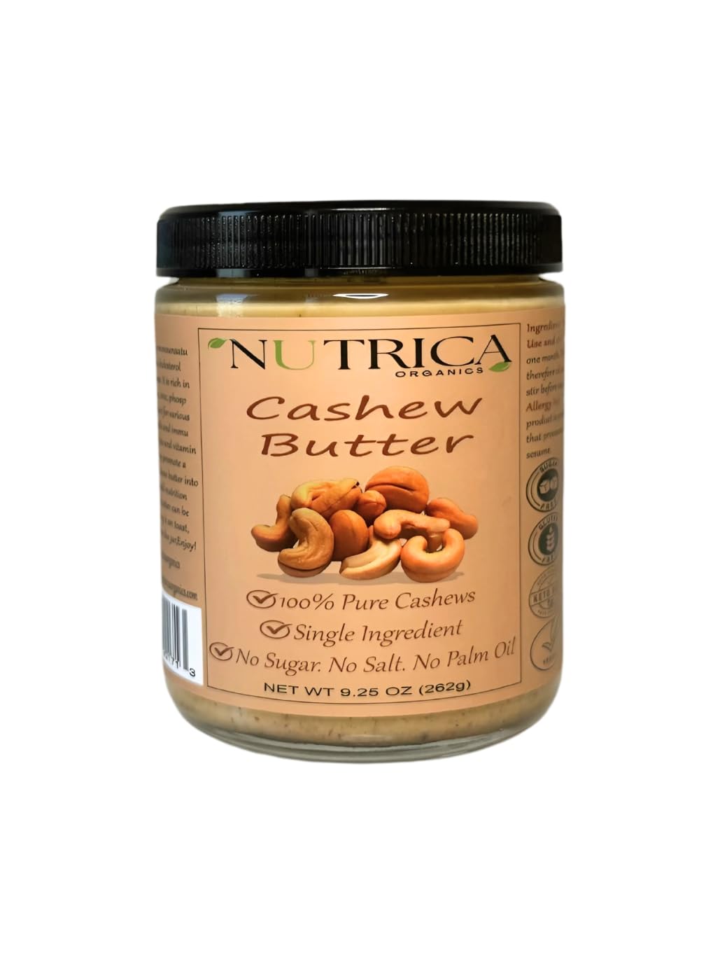 100% Pure Cashew Butter, Single Ingredient, No Salt, No Sugar, No Palm Oil, No Additives, Vegan, Plant Based Protein, Premium Roasted Cashews, 9.25oz